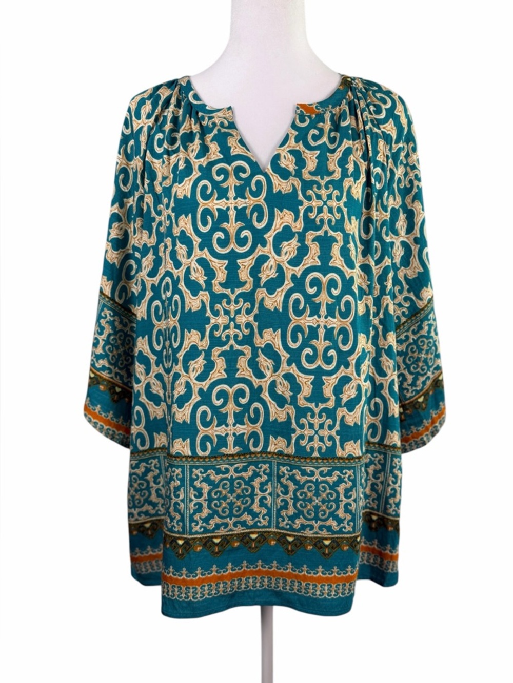 Bebonnie Turquoise Boho Floral Tunic Top Size M V-Neck 3/4 Sleeve Blouse